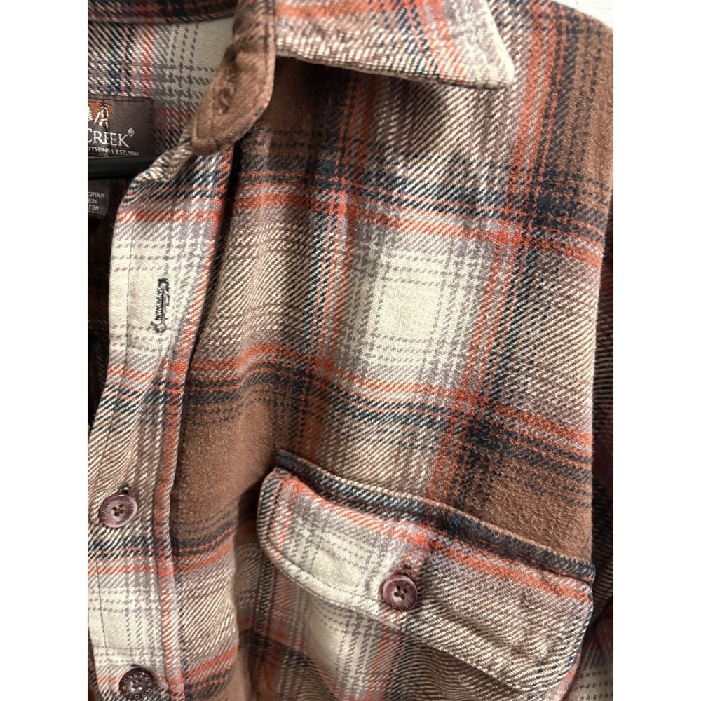 Moose Creek Mens Large Brown Orange Plaid Cotton Flannel Button Down Shirt L - Picture 2 of 3